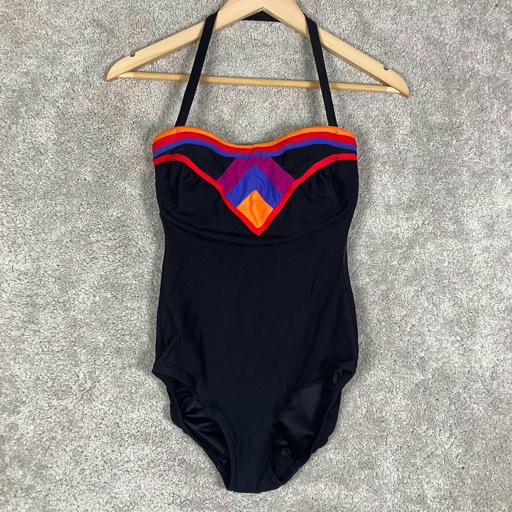 Vintage 80s Sirena Swimsuit Womens Black Halter One Piece Chevron Retro USA Made